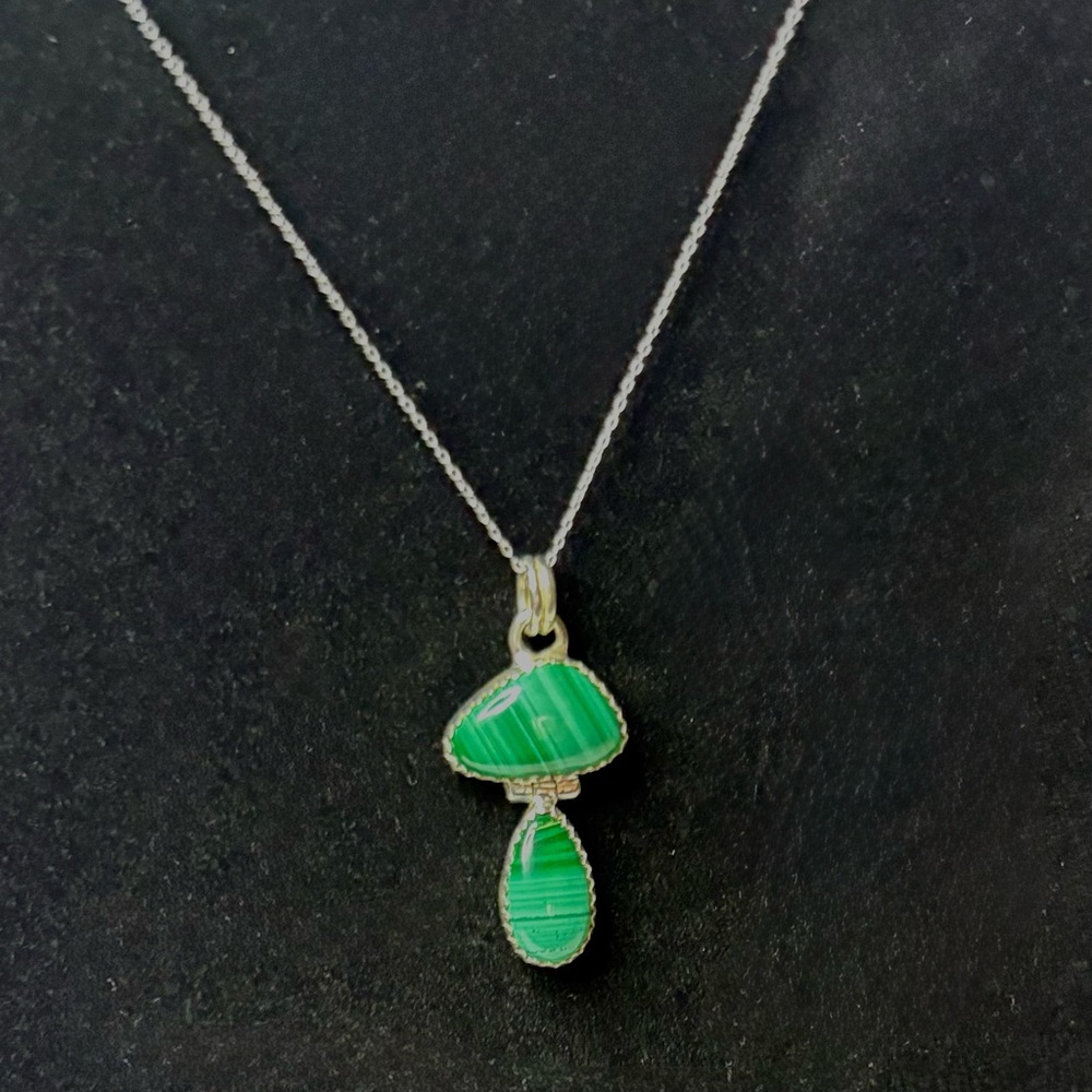 Natural Malachite Mushroom Shaped Gemstone Pendant Sterling Silver 18 inch Chain